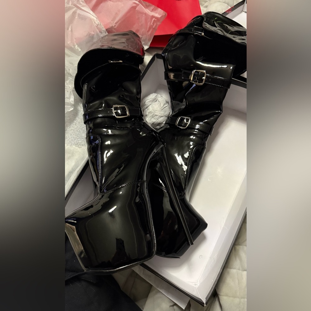 Pleaser Jubilant 3018 Black Stiletto Patent Thigh-High Boots 7 - Picture 5 of 6
